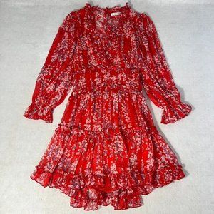 Saints + Secrets Dress NWOT Medium M Red Floral Tiered Open Back Chiffon Vneck